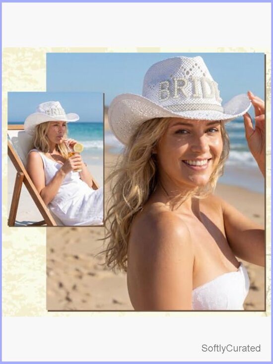 White Wide Brim Cowgirl Hat with Pearl Bride for Bachelorette Wedding main image 5